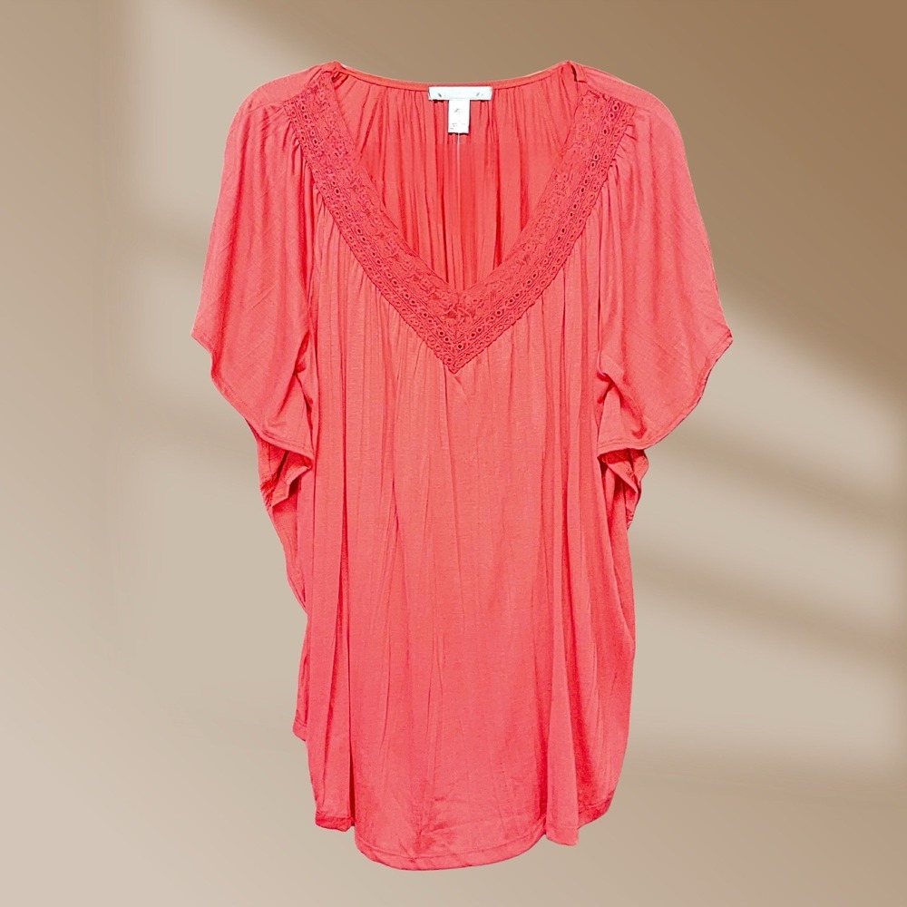 By Design Womens Top Blouse Flowy Roomy Salmon Color Sz L Flutter Sleeve NWOT